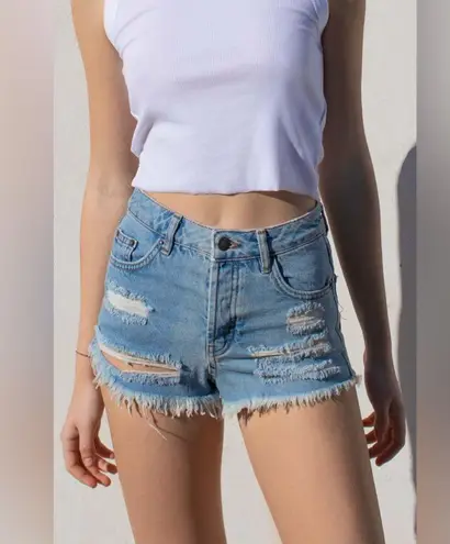 SUBDUED Vintage Crop Distressed Light Wash Denim Shorts Y2K Skater Size 26 Blue