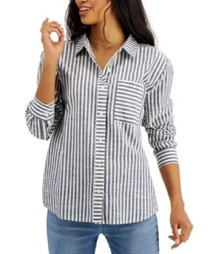 Style & Co  Cotton Striped Boyfriend Shirt Antique Blue & White Size XL New w/Tag