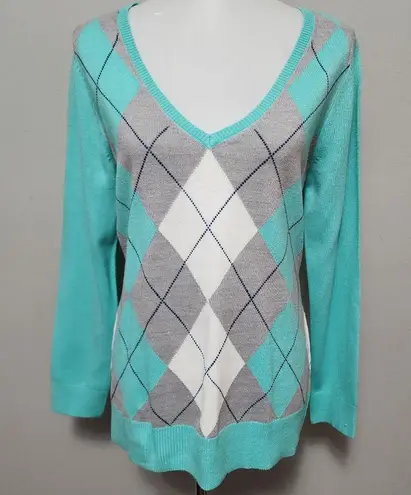 New York And Company Waverly Turquoise Argyle Vneck Sweater Size Medium