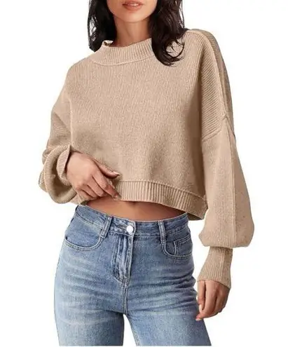Sweater Womens XL Beige Crop Top Crewneck Cropped Batwing Sleeve Ribbed Tops D1