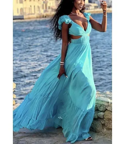 Mac Duggal Ruched Ruffled Shoulder Cut Out Lace Up Gown in Turquoise US 12 NWT