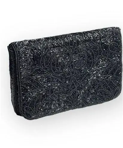 La Regale Vintage 50’s:  LTD ♕ Silk Beaded Convertible Clutch Evening Bag ♕ Black