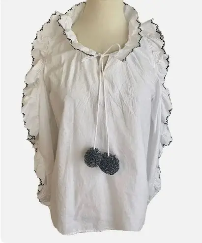 Pure Nordic | White Blouse Cold Shoulder Cutouts Pom Poms Black Stitching XS