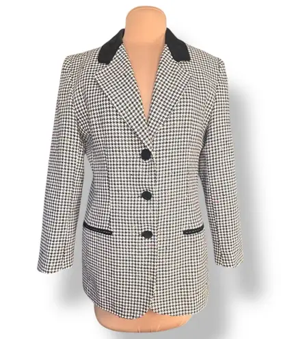 Vintage 90s Black White Houndstooth Blazer Jacket Velvet Collar Wool Blend 12