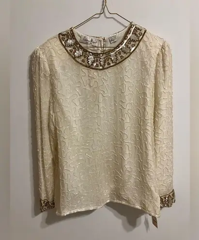 Laurence Kazar Vintage 80’s Beaded 100% Silk Blouse Ivory Womens XL Style #4301