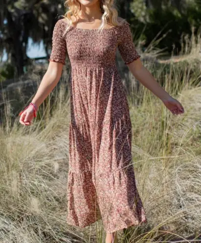 Natural Life Rusty Floral Print Midi Tiered Dress Off The Shoulder Size XS/Small Brown