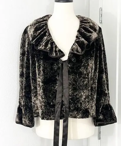 Tahari  Small Dark Brown Velvet Ruffle Bell Sleeve Silk Sweater Jacket Shrug