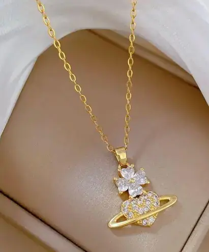 18K Gold Plated Flower Planet Light Luxury Temperament Gorgeous Full Diamond Necklace Multi