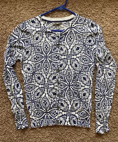 Jigsaw White Allover Navy Blue Floral Geometric Button Front Cardigan Sweater