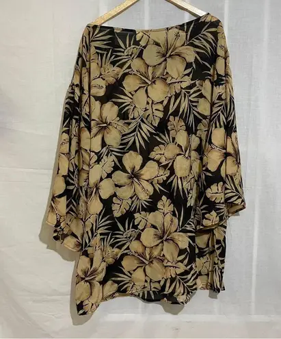 Islander 2X Black Beige Floral Tunic Blouse Top Hawaiian