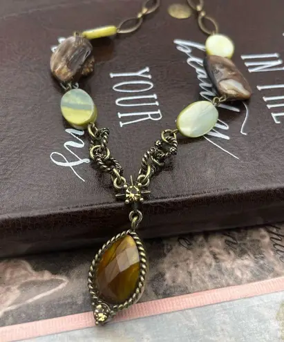 Vintage Handcrafted Beaded Faux Tiger Eye Shell Antique Brass Necklace 21”