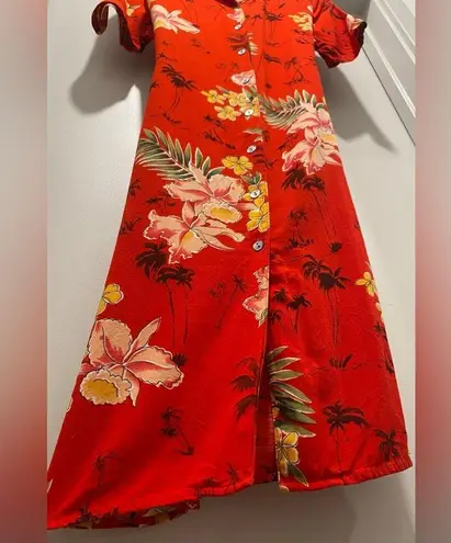 Notations VTG 90s Red Tropical Button Down Collared Short Sleeve Maxi Dress - S