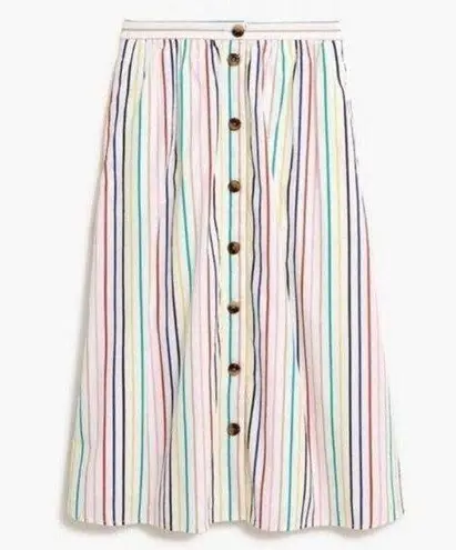 J.Crew  Midi Skirt Poplin Rainbow Stripe Button Front White Red Pink Size XS