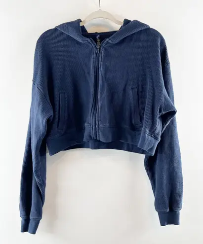 SKIMS Heavy Waffle Knit Cropped Full Zip Hoodie Jacket Navy Blue Medium