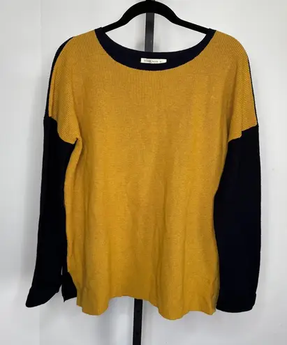 WoolOvers Knit Sweater Women Sz M Yellow & Navy Wool Blend Oversized Colorblock Size M