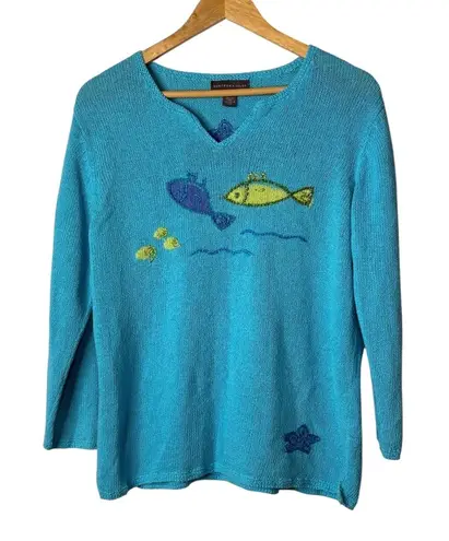 Northern Isles Vintage Knit Sweater Fish Graphic V Neck Pullover Blue Size XL