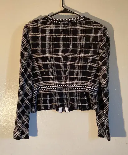 St. John Tweed Knit Women Zipper Blazer Size 10 Black Lime Green Tan & White