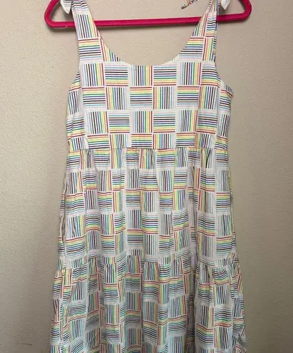 Rainbow Stripe Linen Blend Tiered Hem Pocketed Sun Dress XS White