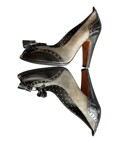Moschino Italy Black & Gray Suede Leather Peep Toe Pumps Women’s Size 6.5
