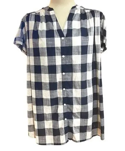 Isabel Maternity Short Cuff Sleeve Button V Neck Blue Plaid Med