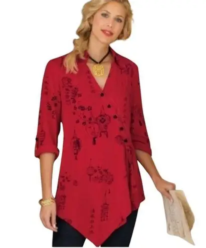 Soft Surroundings Pagoda Printed Wrap Roll Tab Tunic Size L Red