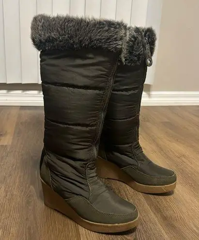 Juicy Couture  Faux Fur Lined Knee High Platform Wedge boots Full Zip Green SZ 8 thumbnail 1