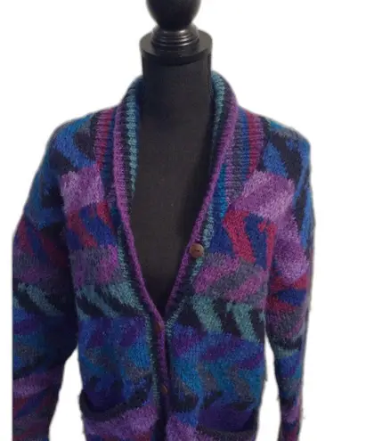 Vintage Wool Print Newari Cardigan Wood Button Up Sweater Medium Nepal Crochet