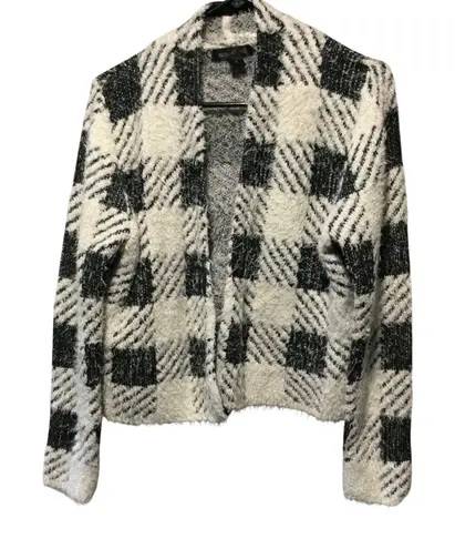 August Silk Women's Black and White Fuzzy Plaid Open Front Cardigan size L