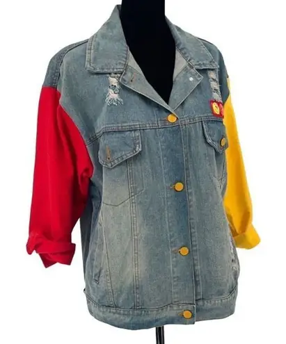 HOME Trendy Denim‎ Distressed Jacket Colorblock Sleeves Size Large Blue - Image 1
