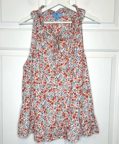CeCe Floral Ruffle Tie Neck Sleeveless Blouse Top XL