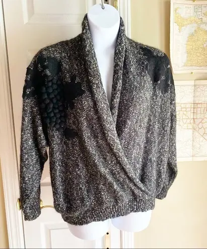 Vintage Wool and Angora Gray Sweater with Grape and Roses Appliqué Size 1X