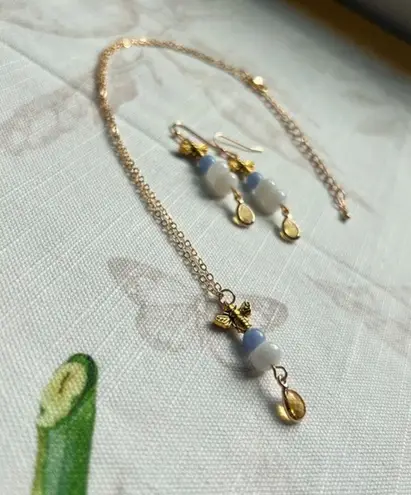 Bee Jewelry Set, White Jade Honey Amber Citrine Blue Jade Teardrop Fun Gift Set