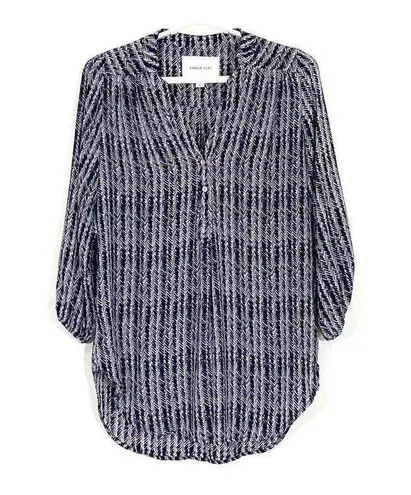 Amour Vert Crepe De Chine Silk Dash Print Blouse Tunic Size Medium Purple Black