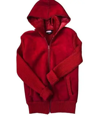 Y2K Cherry Red Faux Suede Leather Jacket Hooded Knit Vintage Faux Fur Size L