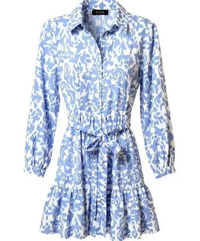 Ellen Tracy Long Sleeve Blue and White Dress Tie Waist Shirtdress Blue Damask S
