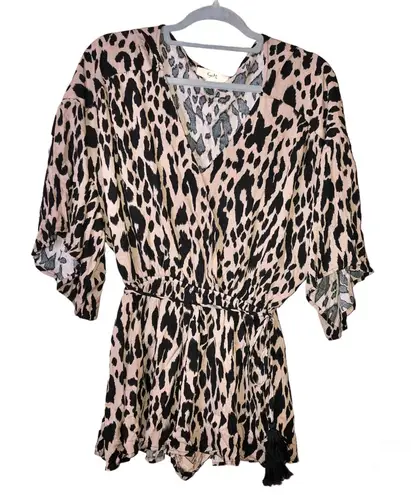 Kye Mi Leopard Print Faux Wrap Tassel 3/4 Sleeve Romper Tan Black Size Small Black