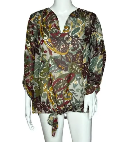 Bobeau Shirt Womens Small Green Orange Brush Stroke Paisley Blouse Boho Colorful