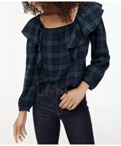 J. Crew Blackwatch Blue Green Flannel Squareneck Ruffle Top Size Small NWT