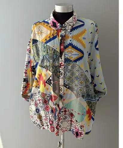Calessa Top Size 1X Multicolor Aztec Button Front Southwestern Abstract Roll Tab Blue