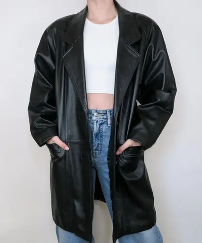 Preston & York Vintage 90s Black Leather Blazer Trench Coat
