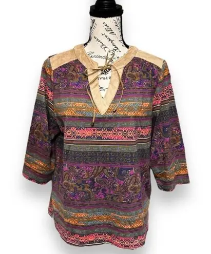 Bonworth XS Petite Boho Paisley Top Multicolor Suede Trim Blouse 3/4 Sleeve NWT