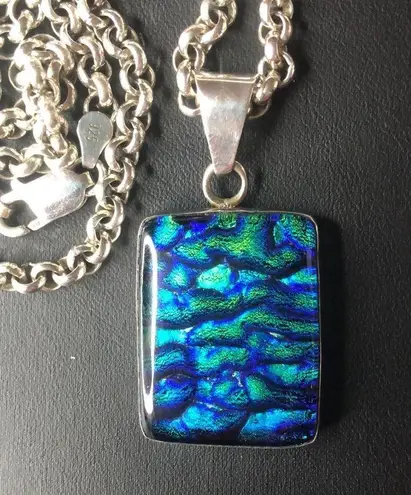 Sterling Silver Rolo Necklace and Blue Green Dichoic Glass 925 Pendant 24”