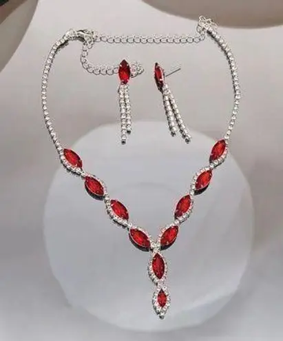 Bridal Wedding Jewelry Set Crystal Ruby Bridesmaid Party Necklace and Earrings Red
