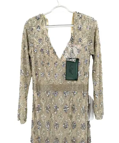 Mac Duggal 5021 Geometric Embellished Evening Gown Nude Silver 6 NWT