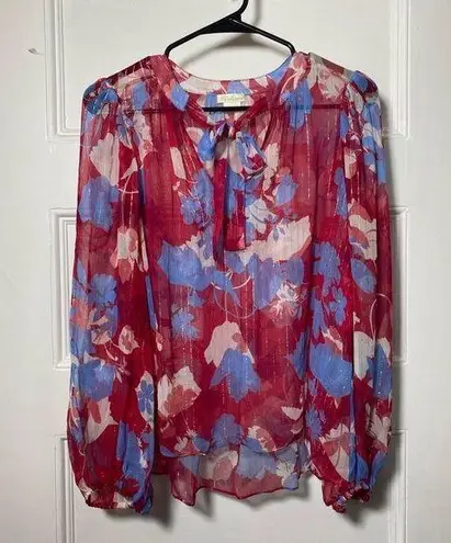 Shoshanna Floral Tie-Neck Long Sleeve Sheer Blouse Pink/Blue Sz Small