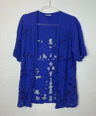 Vintage SURYA Royal Blue Lace Open Shirt & Pull on Pants Set