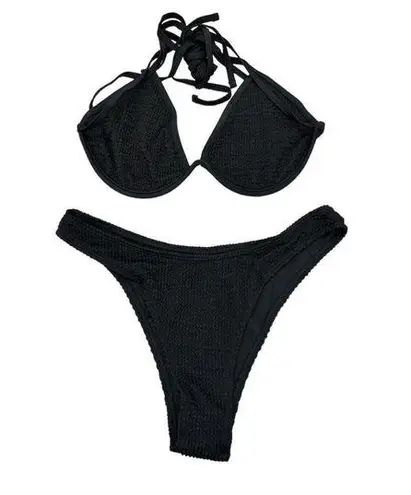 SheIn  Swim Black Halter Bikini Set Size L Adjustable Tie Ruched Texture