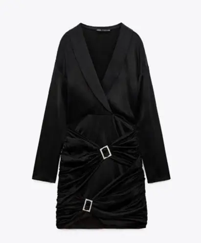 ZARA New  Black Jewel Buckle Trim Satin Effect Long Sleeve Night Out Dress sz S