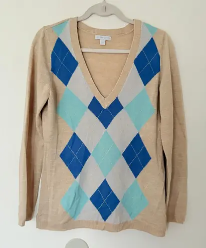 Ny&co New York & Sz MCo. Tan Beige Argyle V-Neck Sweater Relaxed Everyday Layer Sz M - Image 1