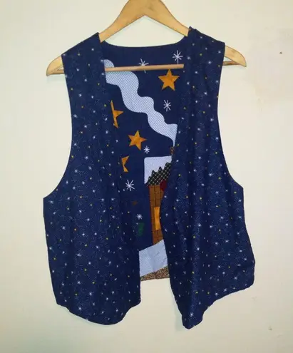 Vintage Handmade Snowman Winter Reversible Vest-Large-Open Front-Cabin-Stars